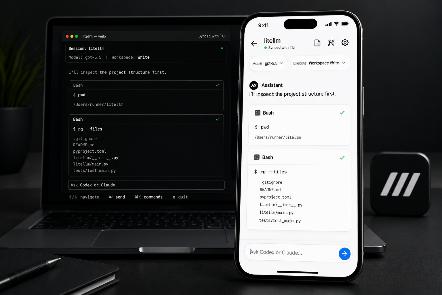 Veilo mobile conversation synced with a local terminal TUI session